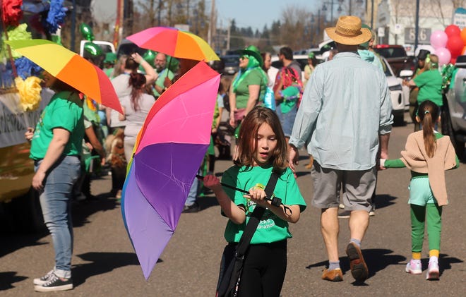 10-year-old Sydney Berko practices her umbrella twirling prior to the start of Bremerton’s 30th. annual St. Patrick's Day Parade on Saturday, March 16, 2024.