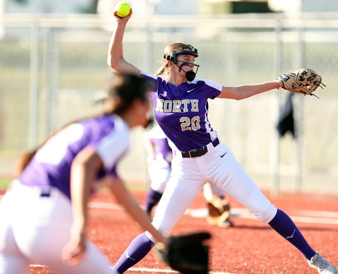 North Kitsap ’s Reese Anderson pitches against Olympic at Lobe Fields on Tuesday, March 19, 2024.