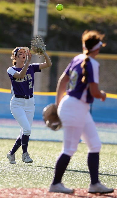 North Kitsap’s Kendra Hawkins (2) catches a fly ball for an Olympic out at Lobe Fields on Tuesday, March 19, 2024.