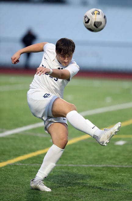 Gig Harbor’s Braden Smee kicks the ball down the field during their game against Central Kitsap in Silverdale on Thursday, March 21, 2024.