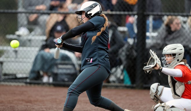 Kingston’s Jayla Moon connects with a pitch against Central Kitsap in Silverdale on Friday, March 22, 2024.